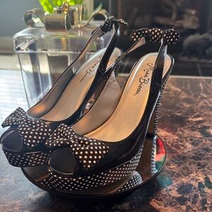 NWOT Miss Bisou Platform Black and White Polka Dot Slingback Heels Size 6M